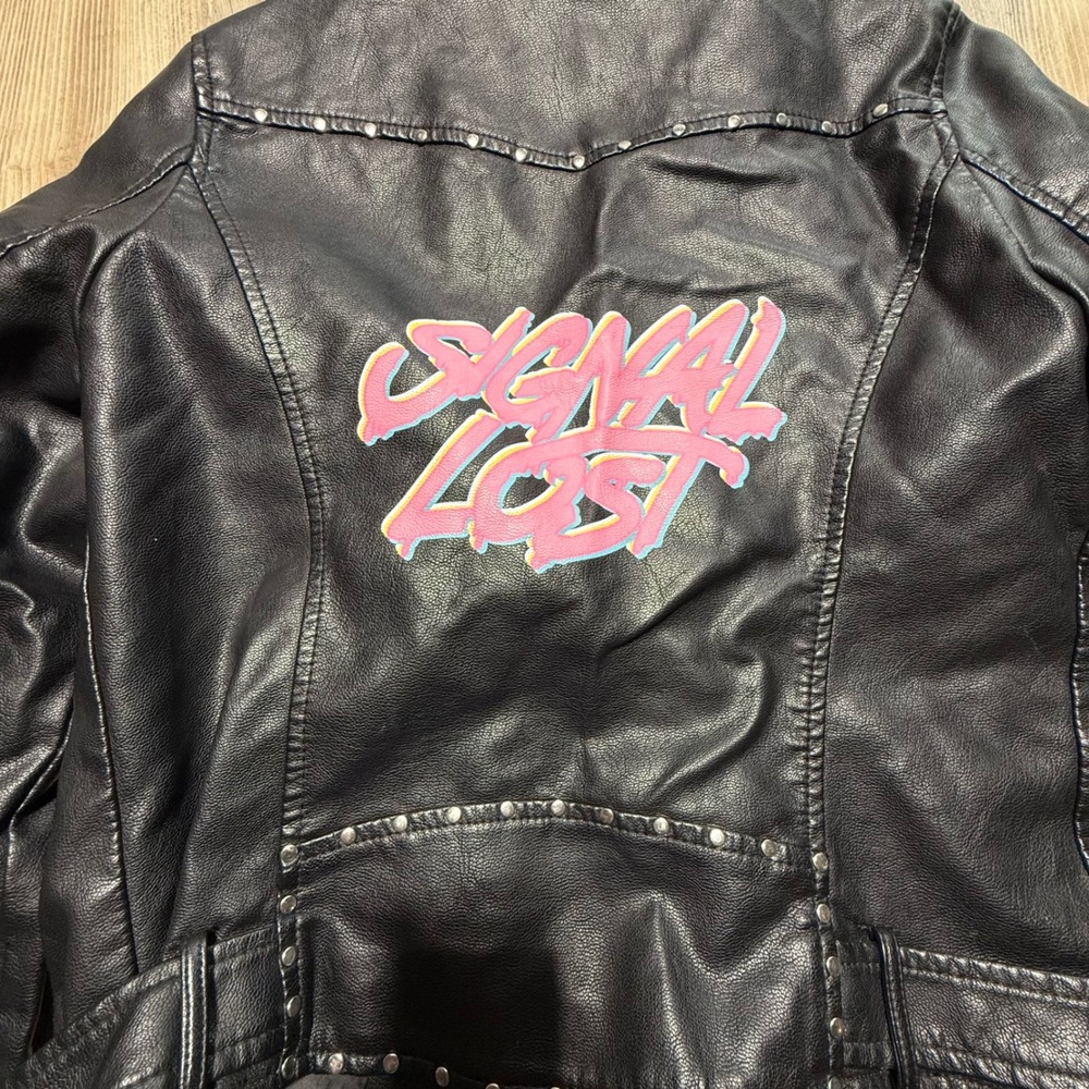 Outer Edge Moto Jacket Black Faux Leather Signal Lost Graphic Grunge